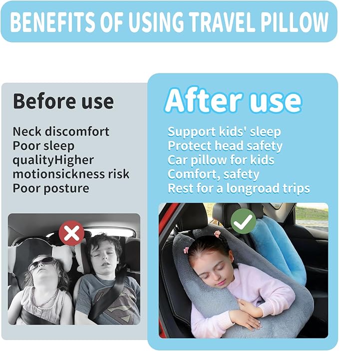 Travel Pillow, Car Pillow for Kids, Car Seat Pillow for Adults, Travel Pillow for Kids with Adjustable Strap, Support Head and Neck on Road Trips, Long Car Ride Essentials, Purple
