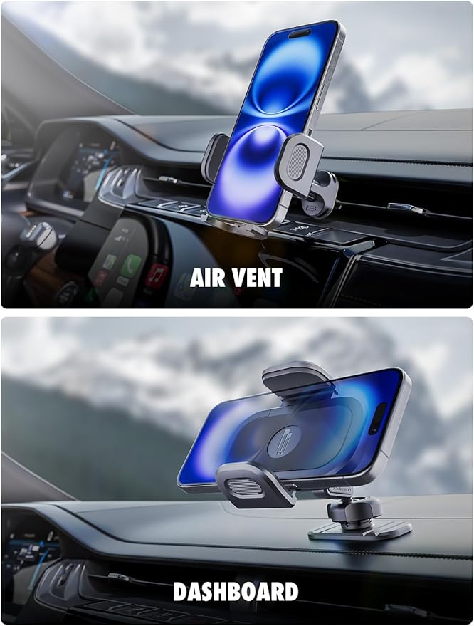Bracketron TripGrip 2-in-1 Car Phone Holder Mount – 360° Rotating Phone Holders for Your Car with One-Button Expansion for Dashboard & Air Vent – Fits Most Smartphones