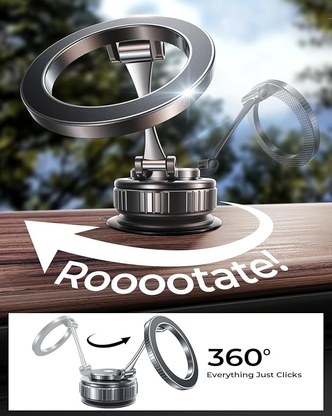 2026 Heavy-Duty Magnetic Phone Holder for Car, Ultra Strong Vacuum Suction Magsafe Car Mount with Full Metal Arm 360° Adjustable Phone Holder for Dashboard & Windshield for iPhone 17 Pro Max & Samsung