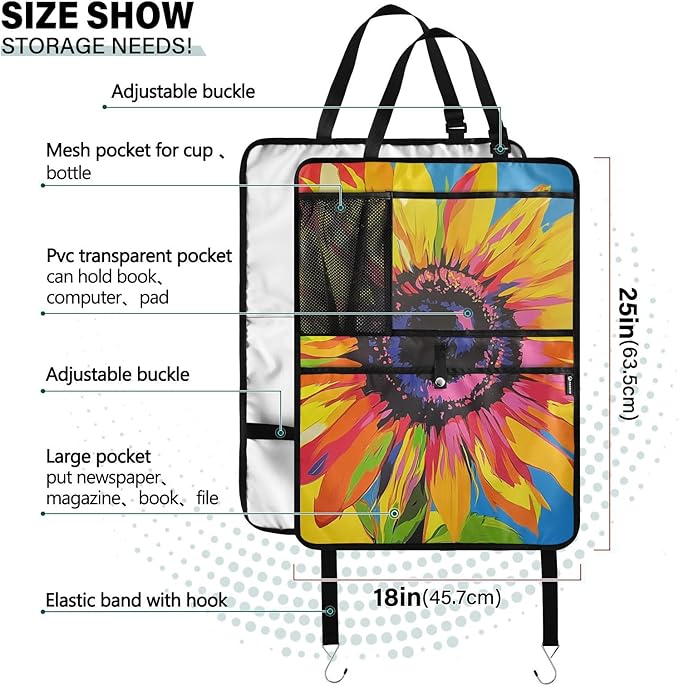 Pop Art Sunflower 1 Pack Backseat Car Organizer with Storage Pockets Seat Back Organizers for Kids Kick Mats Backseat Protector Automotive