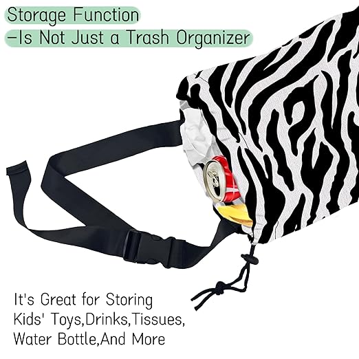 Zebra Stripes Car Garbage Bag,Waterproof Small Car Trash Bag Hanging Back of Seat,Drawstring Hanging Car Trash Bag with Adjustable Buckle for Car Accessories