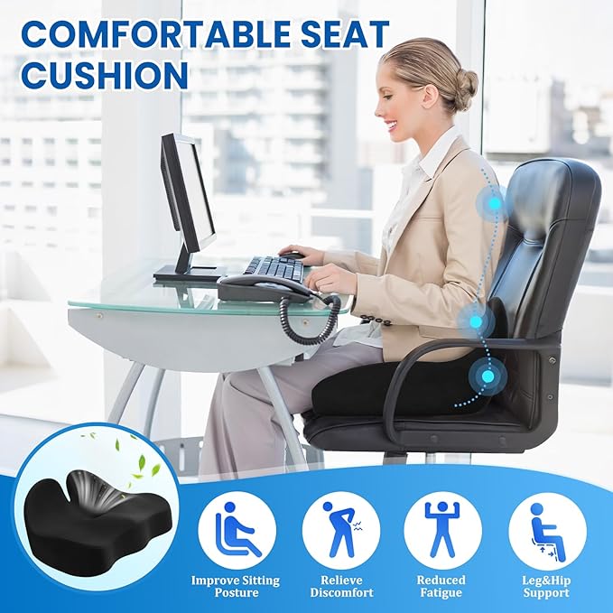 Seat Cushion, Memory Foam Office Chair Seat Cushion for Office Chairs/Car/Long Trip/Desk Chair/Gaming, Extra Large Size for Sciatica & Hip & Tailbone Pain Relief, Sciatica Support (Black)