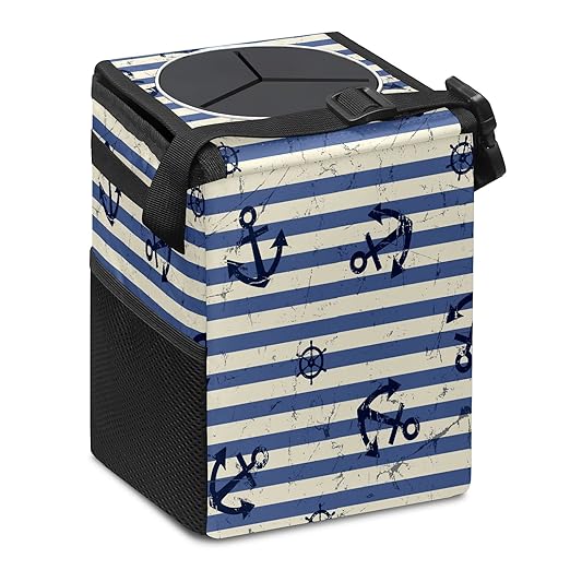 Car Trash Can Nautical Anchor Navy Blue Stripes Auto Garbage Bag Car Trash Can with Lid Leak-Proof Car Storage Bag Garbage Can Hanging for Headrest Collapsible and Portable with Storage Mesh Pocket