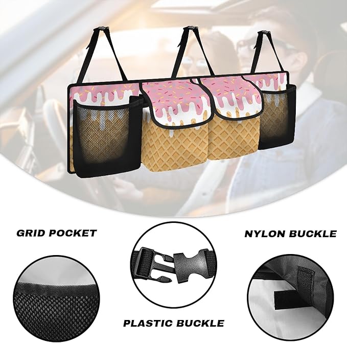 CLOHOMIN Ice Cream Car Trunk Organizer Fashion Car Trunk Mesh Storage Large Capacity Backseat Hanging Organizer Collapsible Cargo Storage Organizer with 4 Pockets Gifts for Friends