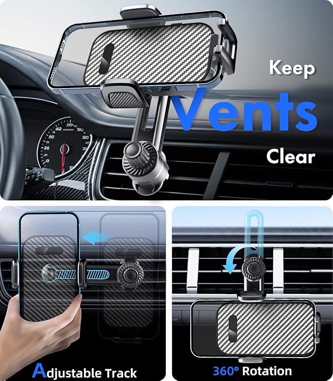 Car Phone Mount for Air Vent [Never Fall & 360° Adjustable] [Case Friendly | One-Hand Operation] Military-Grade Steel Hook Cell Phone Holder for Car Compatible with iPhone, Samsung, All 4–7” Phones