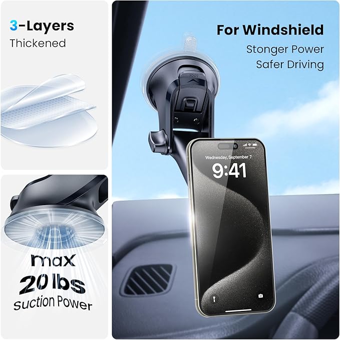 APPS2Car Magnetic Phone Mount for Car, Dashboard & Windshield Suction Cup Holder with Telescopic Arm, Requires Metal Plate (Included), Universal Fit for iPhone & Android Smartphones