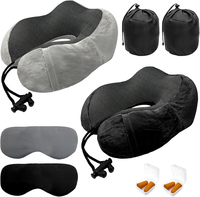 Travel Pillow 3-in-1 Memory Foam Ergonomic Neck Support Pillow for Airplanes with Ear Plugs & Eye Mask | Machine Washable Travel Pillow for Long Flights, Road Trips & Camping (Grey+Black)