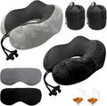 Travel Pillow 3-in-1 Memory Foam Ergonomic Neck Support Pillow for Airplanes with Ear Plugs & Eye Mask | Machine Washable Travel Pillow for Long Flights, Road Trips & Camping (Grey+Black)