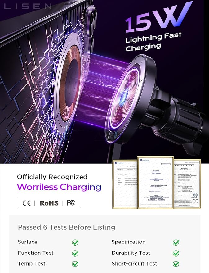 LISEN for 15W MagSafe Car Mount Charger,Magnetic Wireless Car Charger for iPhone 17 Pro Max Accessories,Magnetic Phone Holder for iPhone 17-12,Samsung,Pixel 9,Jeep Ford F150 Accessories,Gifts for Men