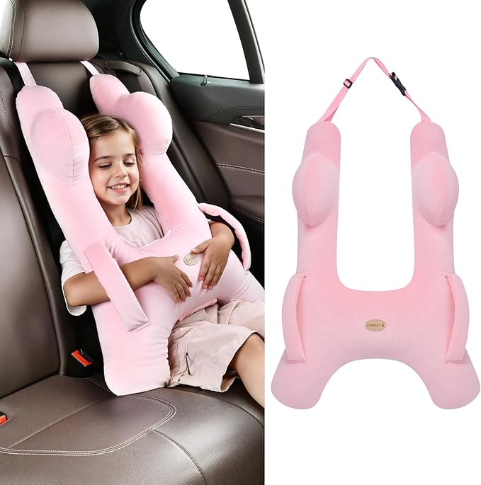 FLORICH Kids Travel Pillow, Car Sleeping Travel Pillow for Kids, Washable H-Shaped Pillow for Adults and Children to Support Head and Body for Road Trips Pillow for Car (Pink)