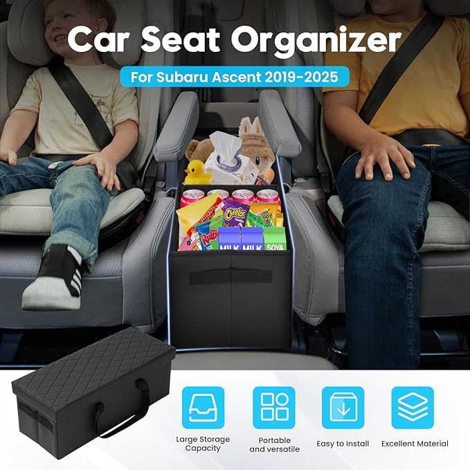 Autorder Car Seat Organizer for 2019-2025 2026 Subaru Ascent Accessories Portable Backseat Organizer with Lid Handles Multipurpose Car Floor Storage for Kids Toys Baby Products Daily Necessities