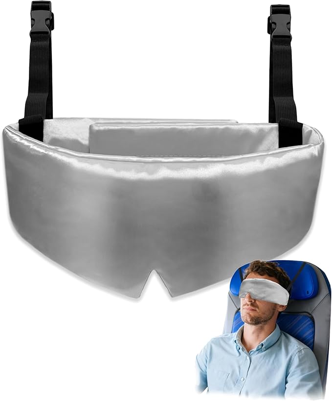 Travel Pillows for Airplanes, Airplane Head Strap with Silk Eye Mask for Sleeping, Long Flights & Car Road Trips 360°Headrest Neck Support, Stops Bobbing, Small & Compact (Gray)