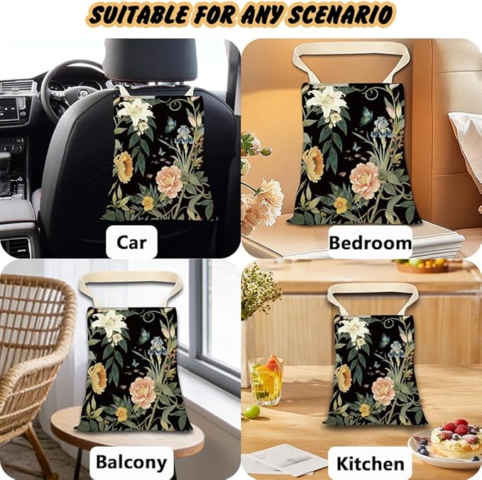 Car Trash Can Rose Floral Car Trash Bag Hanging Vintage Flowers Pattern Polyester Washable Waterproof Cute Organizer Storage Can for Vehicle Interior Travel Accessories Reusable Leak Proof