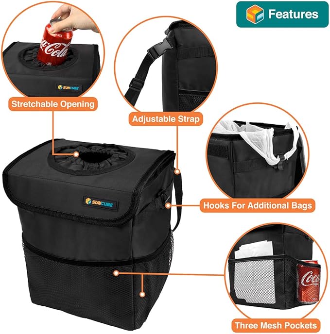 SUN CUBE Waterproof Car Trash Can with Lid, Mesh Pockets | Leakproof Car Garbage Can Hanging | Auto Trash Bin, Garbage Bag Organizer for Headrest, Console, Truck (Black)