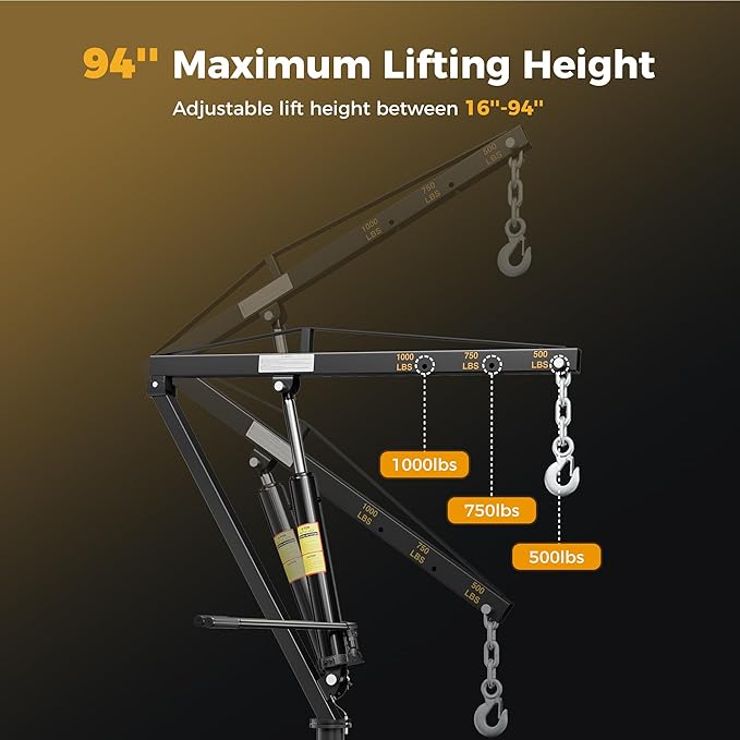 1000lbs Receiver Hitch Mounted Hydraulic 360° Swivel Truck Crane with 3 Boom Capacity Options: 500lbs, 750lbs, 1000lbs. Ideal for Workshops, Construction, Agriculture, and Logging, Black