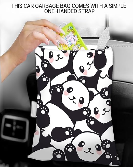 Car Garbage Can, Trash Bag for Vehicle, Travelling, Camping - Hanging Organizer With Cute Smile Panda Design for Back Seat
