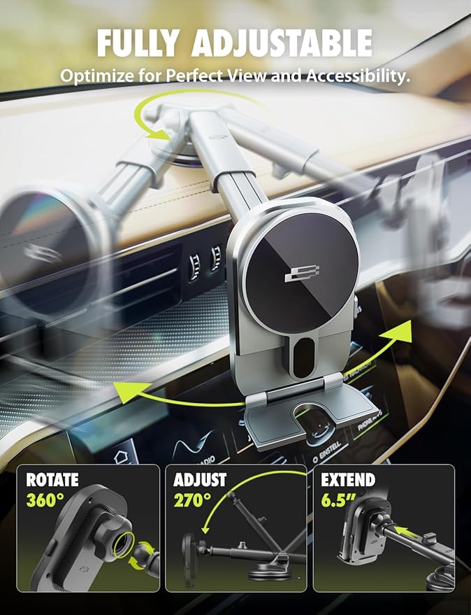 Bracketron MagAlign Extend 15W Magsafe Car Mount Charger, Magnetic Car Phone Holder Charger Wireless Car Charger for iPhone 17 Pro Max 16 15 14 13,Vent/Windshield/Dash Phone Mount Holder Fast Charger