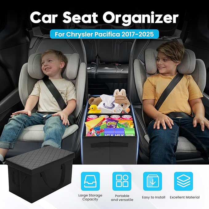 Autorder Car Seat Organizer for 2017-2025 2026 Chrysler Pacifica Accessories Portable Backseat Organizer with Lid Handles Multipurpose Car Floor Storage for Kids Toys Baby Products Daily Necessities