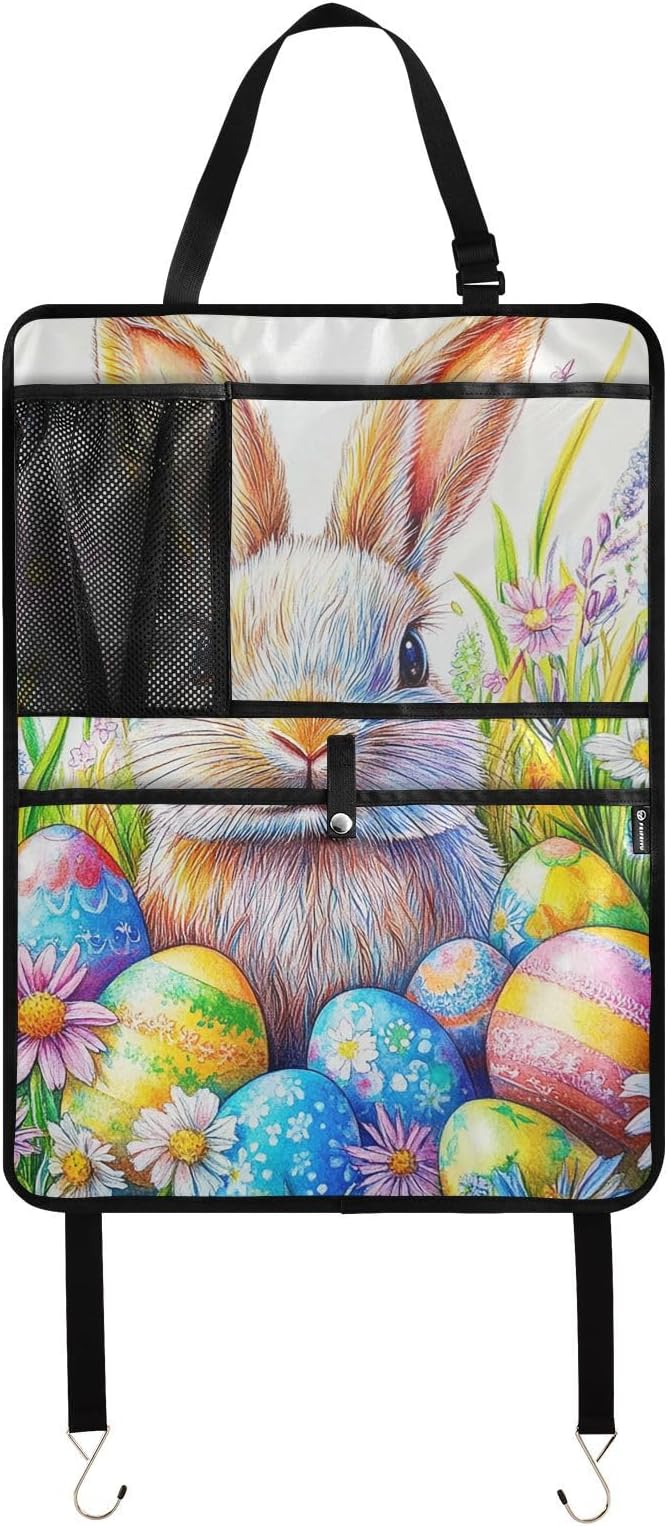 Colorful Bunny Eggs 1 Pack Backseat Car Organizer with Storage Pockets Seat Back Organizers for Kids Kick Mats Backseat Protector Automotive