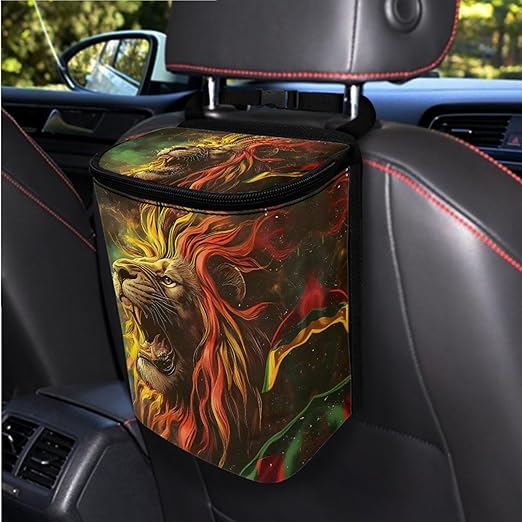 1.2 Gallons Car Trash Cans, Jamaican Rasta Lion Car Trash Can Small, Adjustable Hanging for Tail of Console/Back of Seat, Odor-Free with Zipper Leak-Proof Lid Design, Mini Size for Convenience