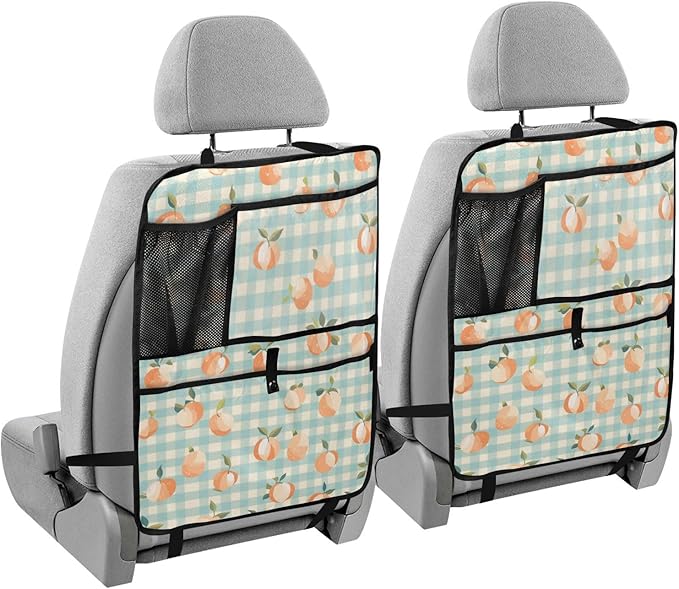 1 Pack Back Seat Car Organizer with Storage Pockets Kick Mats Back Seat Protector Hanging Car Organizer Automotive Seat Back Cover Organizers Peaches Plaid Vacation Style Blue