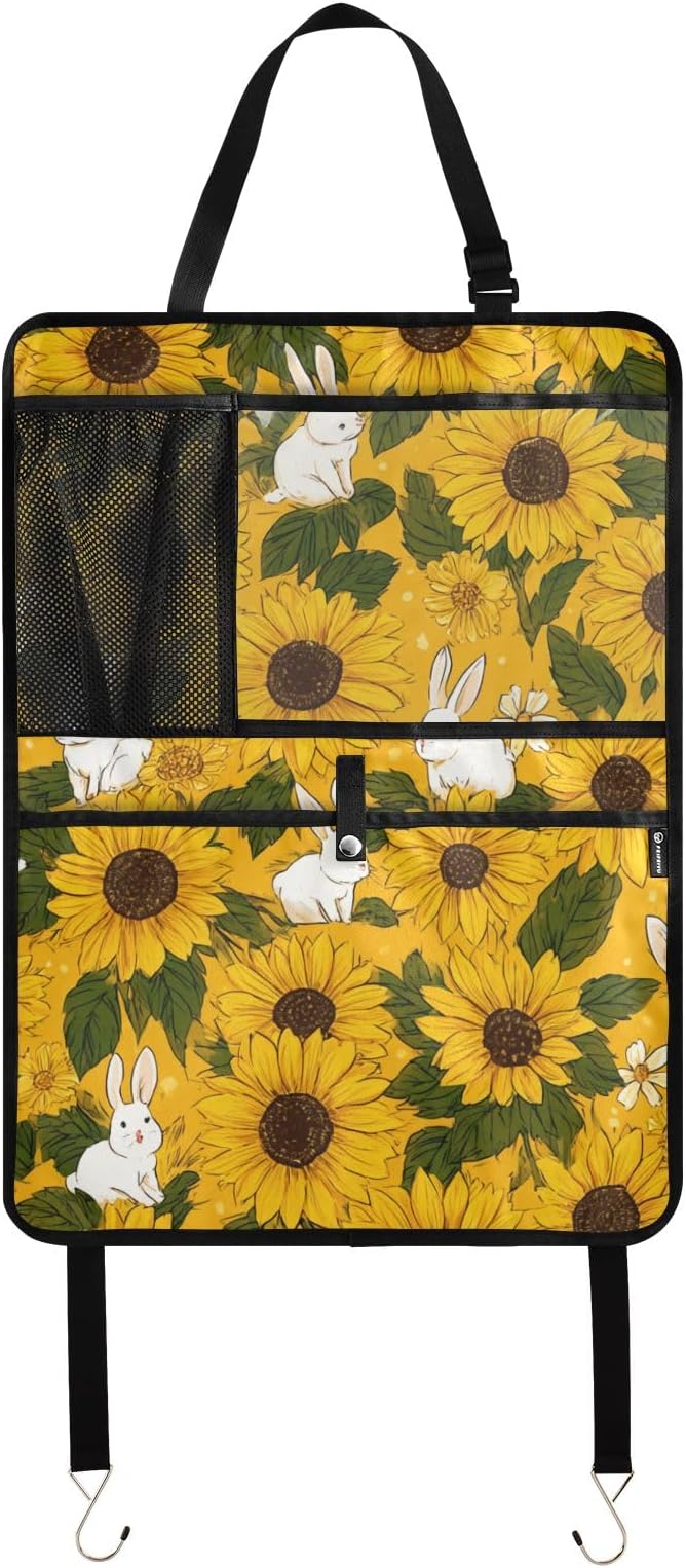1 Pack Back Seat Car Organizer with Storage Pockets Kick Mats Back Seat Protector Hanging Car Organizer Automotive Seat Back Cover Organizers Autumn Sunflower and Cute Rabbit