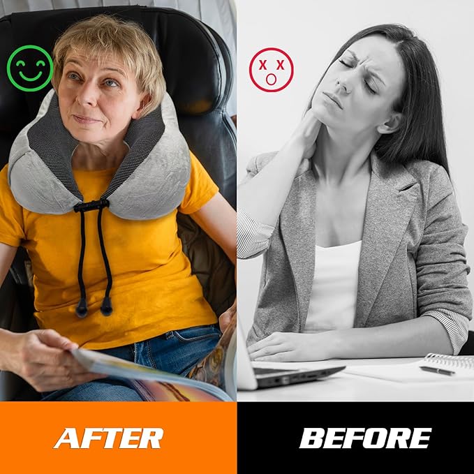 Travel Pillow 3-in-1 Memory Foam Ergonomic Neck Support Pillow for Airplanes with Ear Plugs & Eye Mask | Machine Washable Travel Pillow for Long Flights, Road Trips & Camping (grey+dark blue)