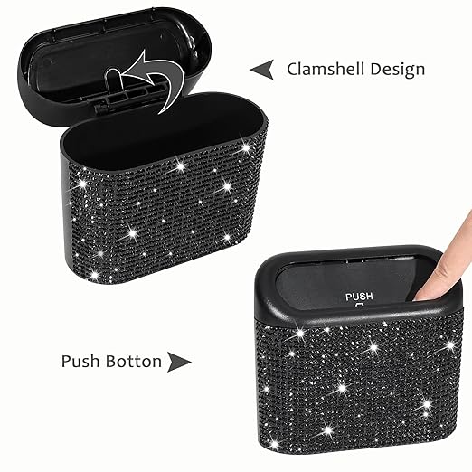 Accmor Bling Car Trash Can with Lid, Mini Auto Garbage Storage Bin with 60pcs Garbage Bags, Sparkling Crystal Trash Bags Holder Dustbin Vehicle Accessories Container Organizer (Black Rhinestone)