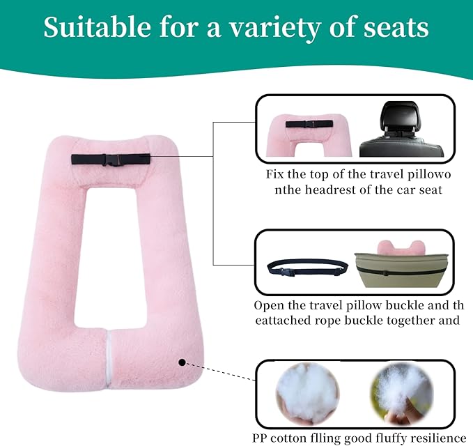 Travel Pillow Upgraded Version of Aircraft Travel Neck Pillow with Storage Bag, Sleep Pillows for Travel by Train, Car, or Plane, Supporting The Head and Body, Travel Pillow for Kids Pink