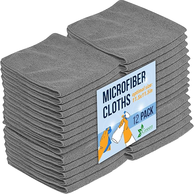 GREEN LIFESTYLE Chamois Cloth Microfiber Cleaning Cloth 12 Pack, Borderless Towels Cleaning, Car Microfiber Towel, Drying Car Wash Towels (11.5" x 11.5", Grey)