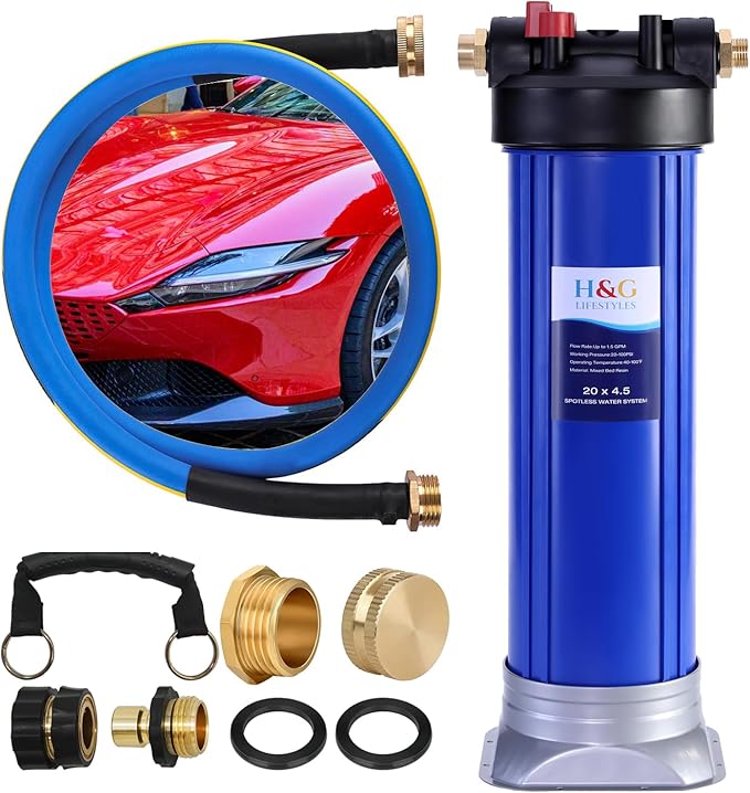 H&G lifestyles Spotless Water System for Car Wash, 20" x 4.5" Water Deionizer for Car Washing, Spot-Free Deionized Water,3/4 GHT Brass Fittings,Garden Hose Deionization Filtration System