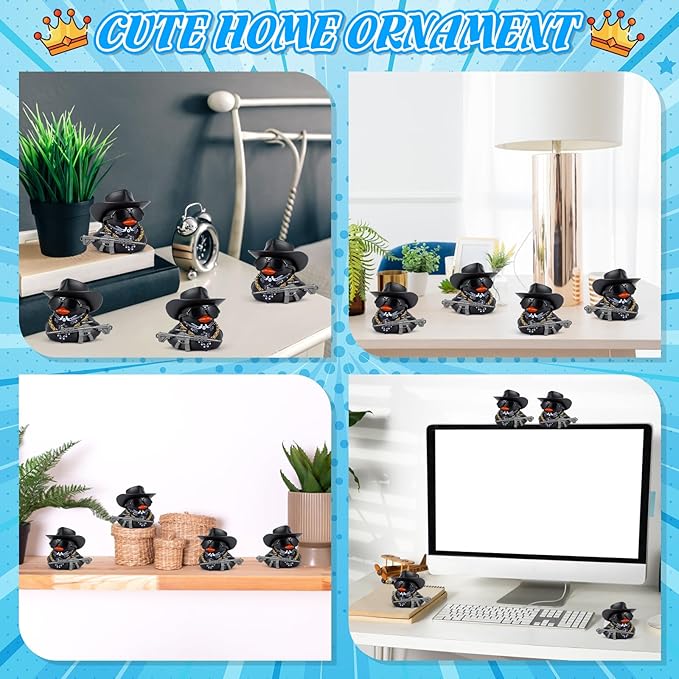 BOZILY Black Cowboy Cool Rubber Duck Car Dashboard Decoration with Hat, Sunglasses, Bandana, Necklace, Gun Model& Adhesive Tapes - for Car Accessories