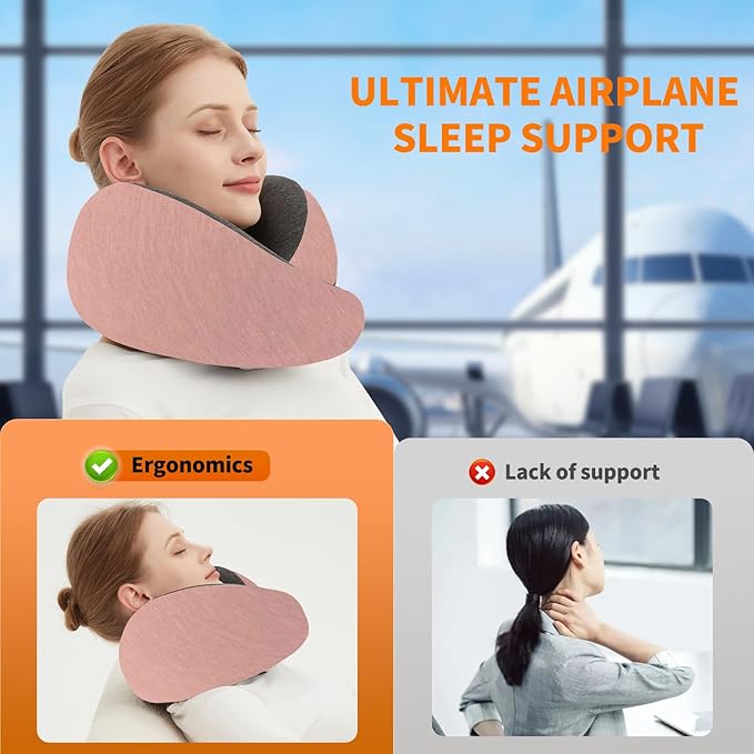 Travel Neck Pillow for Airplane – Memory Foam 360° Support Compact Design Ergonomic Flight Pillow for Sleeping & Neck Support Portable Travel Pillows for Adults, Car, Office Home (Pink)