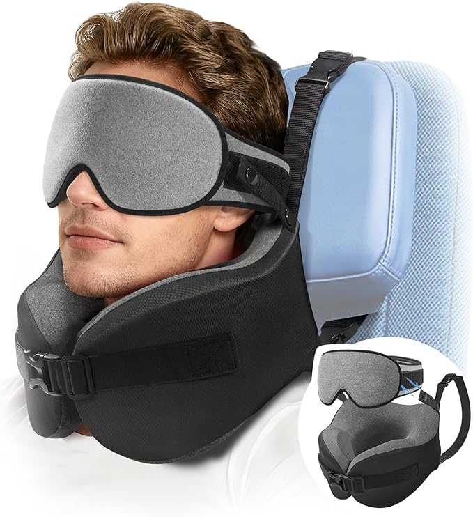 YFONG Travel Pillow for Long Flight Airplanes, Head Strap Combo with 3D Contoured Eye Mask for Sleep, Neck Pillow for Car Trip Essential, 360° Support Memory Foam Headrest, Prevent Head Bobbing, Grey