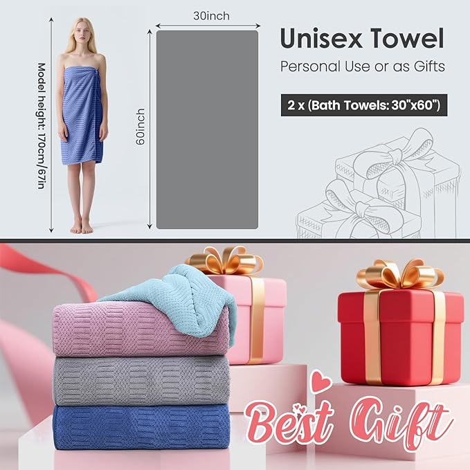 JML Microfiber Bath Towels, Large Bathroom Towel 2 Pack (30" x 60"), Oversized, Soft, Super Absorbent and Fast Drying, Multipurpose Use for Sport, Fitness, Yoga, Diamond Cross Grid Navy