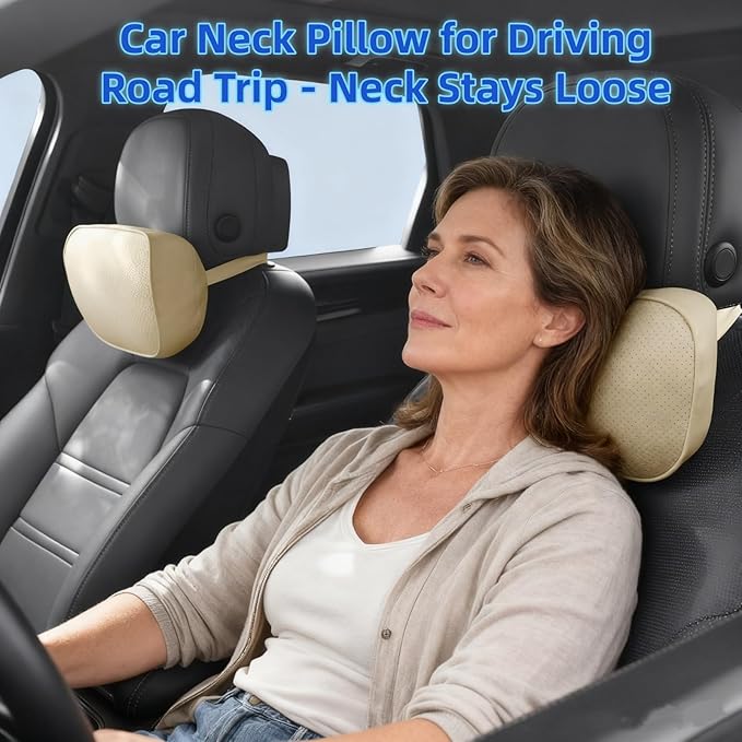 Car Neck Pillow for Headrest, 2 Pack PU Leather Car Headrest Pillow for Neck Support, Super Soft Ergonomic Du-Pont Bio Cotton Travel Pillow with Adjustable Strap (Beige, Shaped Style)