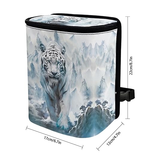 1.2 Gallons Car Trash Can for Women, White Tiger Auto Trash Can for Car, Adjustable Hanging for Tail of Console/Back of Seat, Odor-Free with Zipper Leak-Proof Lid Design, Small and Convenient