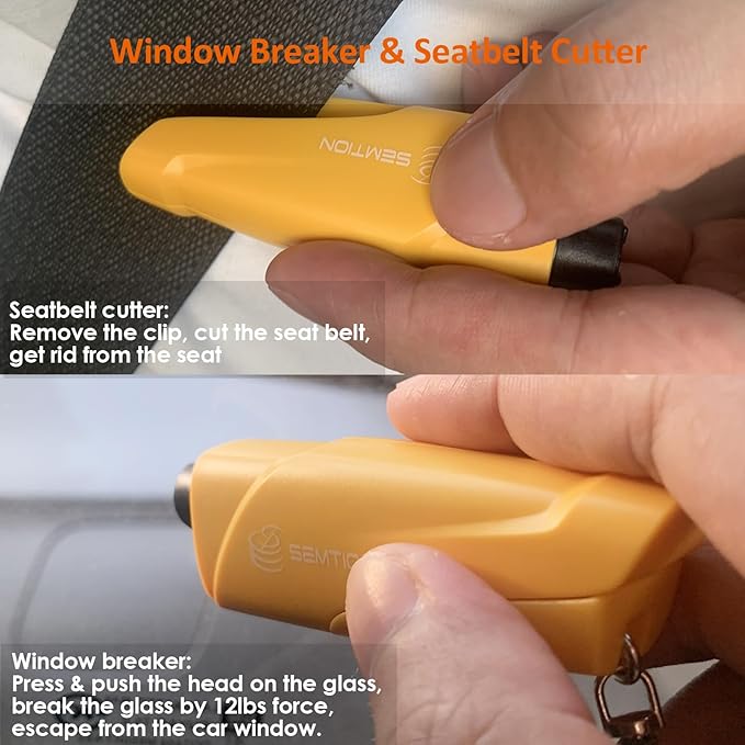 Glass Breaker and Seatbelt Cutter with Keychain Car Escape Tool for Land and Underwater, Pack of 2 (Yellow-Yellow)