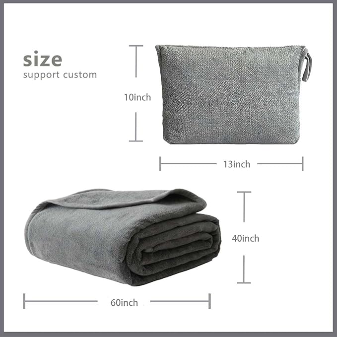 Travel Blanket Pillow, Soft Airplane Blanket 2-in-1, Travel Blanket Airplane Compact with Bag, Travel Essentials Accessories for Plane and Car,60x40 Grey