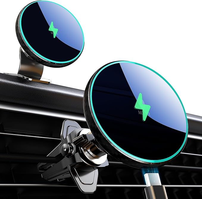 MOKPR for Magnetic Car Mount Charger-15W Wireless Car Charger-Magnetic Car Phone Holder for Dash Air Vent-LED RGB HandsFree Car Mount Fast Car Charger for iPhone 14/13/12 Series Carbon Fiber