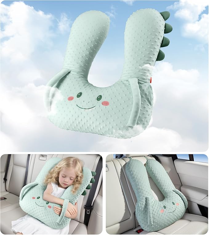 BEBAS U-Shaped Kids Travel Pillow for Car - Comfortable Neck and Head Support Pillow for Sleeping on Long Trips, Cute Cartoon Design, Ideal for Car Seats, Booster and Home Use, Great Gift Idea（Green）