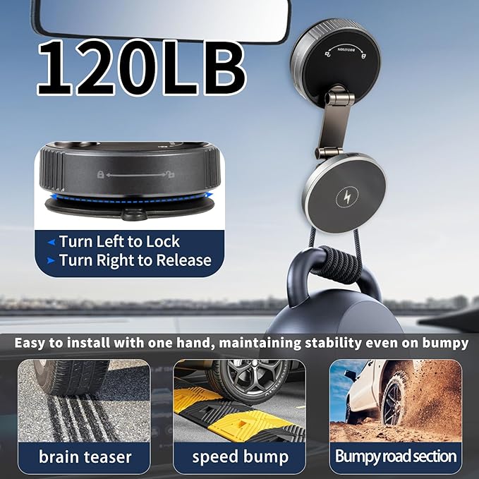 MagSafe Car Mount Charger for iPhone-15W Fast Wireless Charging, 360° Rotation Adjustable Car Phone Holder, 120LBS Strongest Vacuum Suction, 2800gf Strong Magnetic Phone Holders for Your Car