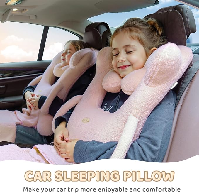 FLORICH Kids Travel Pillow, Car Sleeping Travel Pillow for Kids, Removable H-Shaped Pillow for Adults and Children to Support Head and Body Road Trips with Neck Pillow and Blanket (Pink)