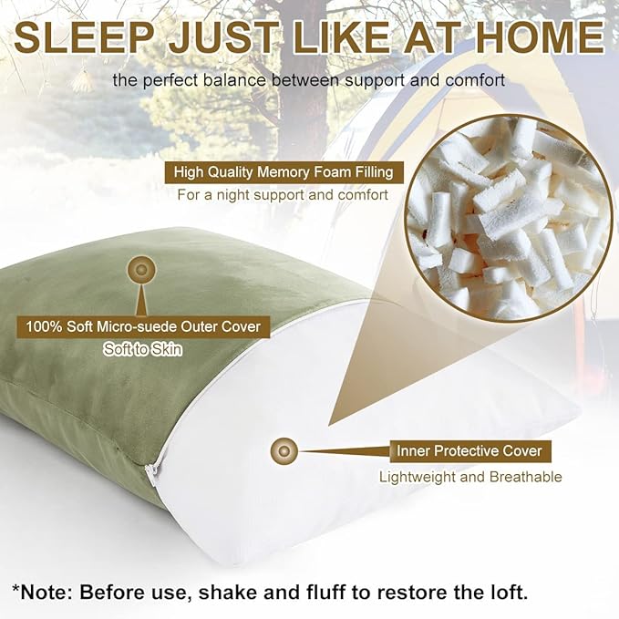 Ivellow Memory Foam Travel Pillow Compressible Camping Pillow for Sleeping Shredded Memory Foam Pillow Compact Firm Supportive Travel Pillow for Adults Kids Outdoor Hiking Essential Gear Green-S