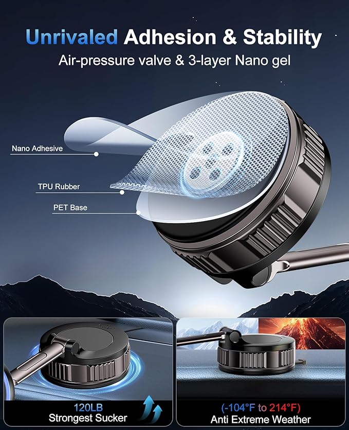 iPhone Magsafe Car Mount Charger [15W Fast Wireless Charging, 120+ LB Strongest Suction & 2800gf Strongest Magnetic] 360° Adjustable Car Phone Holders for your car, for iPhone 17 16 15 14 13 12 series