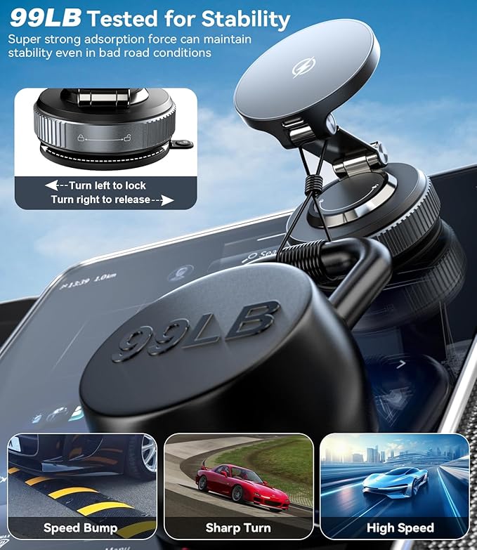 15W Fast Charging Magnetic Car Phone Holder, New Elastic Suction Cup Phone Holder with Stronger Suction, 360° Adjustable Wireless Charger Car Mount for Magsafe iPhone 17 16 15 14 13 12