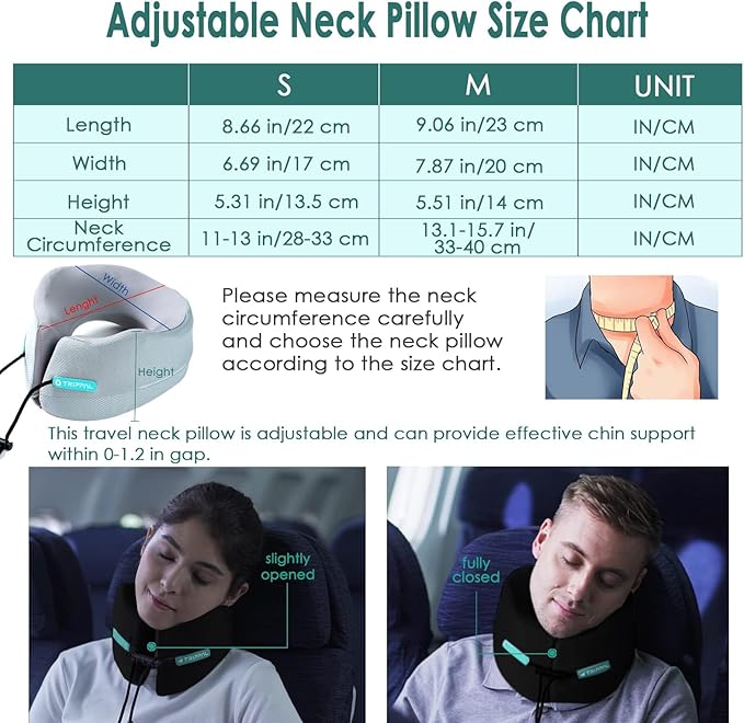 Travel Pillow, Super Neck Chin Head Support, Memory Foam, Neck Pillows for Travel Sleeping Airplane Car Office with Compact Carry Bag Black Small