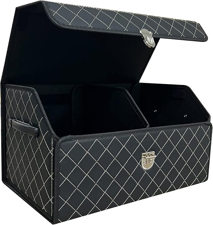 Trunk Organizer for Car With Lid,Foldable Trunk Organizer for SUVs & Sedans,Multi-Functional Leather Storage Box- Black Grid - Small