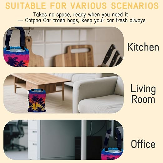 Tropical Palm Trees Car Trash Bag,Beach Sunset Strap Drawstring Car Garbage Bags,Car Back Seat Organizer with Adjustable Buckle for Car Accessories