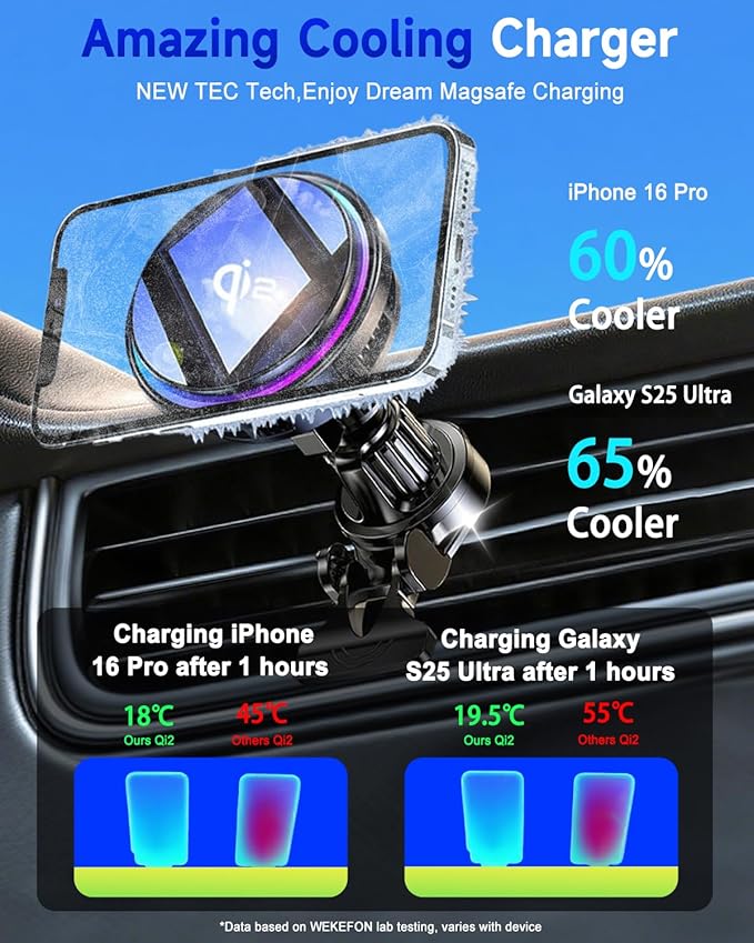 for Qi2 15W MagSafe Car Mount Charger RGB Light, Ice Cooling Magnetic Wireless Car Charger Phone Holder, Air Vent Fast Charging for iPhone 17 16 15 14 13 12 Pro Max Air, Galaxy S25, Car Accessories